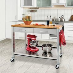 a kitchen island with two bowls on it