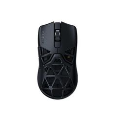 a black computer mouse on a white background