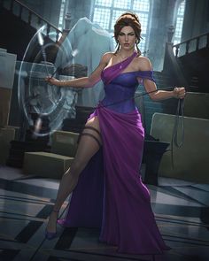 a woman in a purple dress is holding a wand and posing for the camera with her arm extended