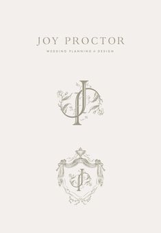 the front cover of joy proctor's wedding planning and design book, featuring an ornate monogram