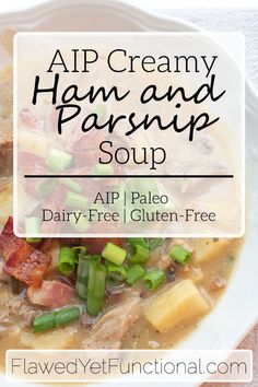 a white bowl filled with soup and topped with green onions, ham and parsnips