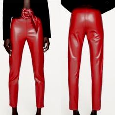 New With Tags, Zara Faux Leather Red Belted High Waisted Leggings. Size Medium. Matching Belt. Side Hidden In-Seam Zip Closure. Zippers At Hem. Boho Leggings, Zara Trousers, Black Leather Leggings, Zara Jumpsuit, White Linen Pants, Satin Trousers, Belted Pants, Faux Leather Belts, Floral Outfit