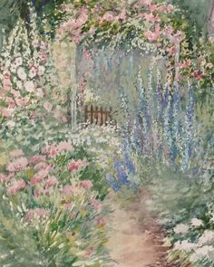 a painting of a garden with flowers and a path leading to a house in the background