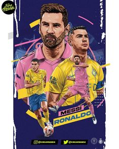 an illustration of messi and ronaldo from the soccer team in pink and yellow