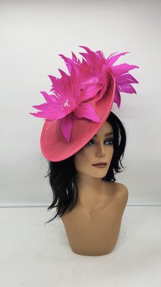 "This stunning  piece is sure to turn heads with any outfit. Hot Pink Fascinator on a 2\" headband for a secured. This will be a great way to add elegance to any,  bridesmaid,  rehearsal dinner,  Wedding guest,  cocktail party, or church outfit. - Ready to ship  - Lightweight - Fast shipping - Customize by adding different color flowers and or feathers Check my store for for styles and colors.  etsy.com/shop/hatsandpearls Find more at my website: Www.hatsandpearls.com  reach out to me if you can't find what you are looking for.  I can make cake custom orders and help you style and match your outfit  Matching Mask link https://www.etsy.com/HatsandPearls/listing/857551443/fuschia-hot-pink-mask?utm_source=Copy&utm_medium=ListingManager&utm_campaign=Share&utm_term=so.lmsm&share_time=1597880597 Pink Brimmed Fascinator For Church, Pink Brimmed Hat For Royal Ascot, Pink Fitted Brimmed Costume Hats And Headpieces, Fitted Pink Brimmed Costume Hats And Headpieces, Fitted Pink Brimmed Costume Hat, Pink Brimmed Party Hat, Elegant Pink Fascinator For Carnival, Pink Curved Brim Party Hat, Pink Evening Headpiece For Carnival