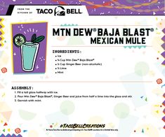 the menu for taco bell's mexican blast is shown in purple and green