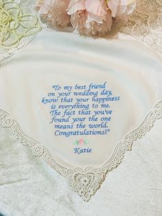 "Create your own custom text Wedding Handkerchief for bride, Embroidered Wedding Handkerchief, Lace Wedding Hankies, Something blue Make your own custom text for the bride on her special day. This keepsake lace wedding handkerchief will make the perfect and memorable gift for long time to go.  Material :  - 100% Cotton - Approx. 11\" x 11\" - Color : White - Thread color : 19-Powder Blue Please feel free to contact me if you have any questions or for special requests. For more items, Please visit my shop at  https://www.etsy.com/shop/ArayaByNairaiStudio Thank you!" Text Wedding, Embroidered Handkerchief Wedding, Wedding Hankies, Wedding Handkerchief, Embroidered Wedding, Time To Go, Something Blue, Memorable Gifts, Powder Blue