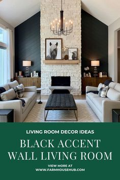 living room decor ideas black accent wall living room with white brick fireplace and chandelier