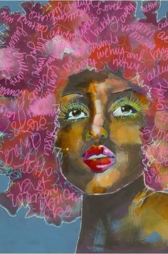 a painting of a woman with pink flowers in her hair and words all over her face