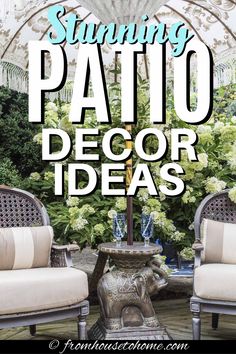 two chairs and a table in front of some flowers with the words stunning patio decor ideas