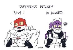 two cartoon characters sitting next to each other with the words differences between shy and intovert