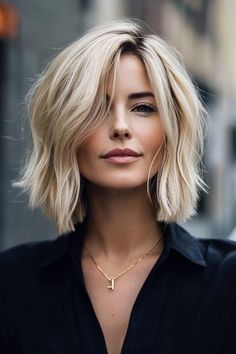 30 Stylish Angled Bob Hairstyles - Project Hairstyles Blond Angled Bob, Cropped Bob With Bangs, Side Swoop Bangs Short Hair, Modern Angled Bob, Blonde Bob With Roots, Bob With Long Bangs Angled, Asymmetrical Lob With Bangs, Side Part Bob Haircut, Short Blonde Bobs With Bangs