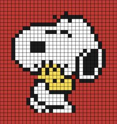 A pixel art template of Snoopy hugging Wood-stock. Snoopy Crochet Graph, Crochet Pixel Pattern Snoopy, Snoopy And Woodstock Cross Stitch, Woodstock Cross Stitch, Snoopy Granny Square, Snoopy Tapestry Crochet Pattern, Snoopy Plastic Canvas Patterns, Cross Stitch Snoopy, Woodstock Pixel Art