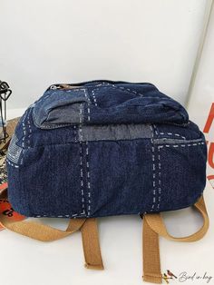 BirdinBag - Large Capacity Gradient Blue Denim Print Backpack - Adjustable Shoulder Daypack for Outdoor Travel and Work Casual Denim Blue Backpack For Daily Use, Casual Denim Blue Backpack, Blue Cotton Backpack For Daily Use, Travel Backpack With Pockets In Denim, Denim Backpack With Large Capacity For Travel, Denim Travel Backpack With Pockets, Casual Denim Blue Standard Backpack, Large Capacity Denim Backpack For Everyday Use, Denim Backpack For School