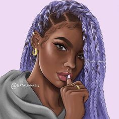 a drawing of a woman with long purple braids on her head and one finger in her mouth