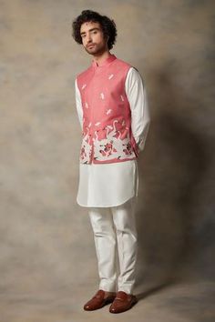 Shop for Gargee Designers Pink Moonga Silk Bird Applique Bundi And Kurta Set for Men Online at Aza Fashions Cotton Bandhgala With Gota Work For Festivals, Festival Cotton Bandhgala With Gota Work, Cotton Nehru Jacket With Dabka For Festive Occasions, Cotton Nehru Jacket With Pallu For Eid, Designer Cotton Nehru Jacket With Dabka, Festive Cotton Nehru Jacket With Pallu, Cotton Bandhgala With Pallu In Bollywood Style, Festive Cotton Nehru Jacket With Dabka Details, Festive Cotton Bandhgala With Gota Work