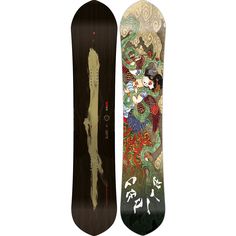 the snowboard is decorated with an image of a dragon and flowers on it's side