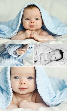 three pictures of a baby wrapped in a blue blanket and looking up at the camera