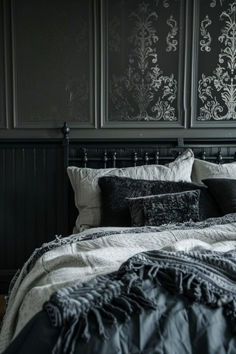 Charcoal patterns add a soft, enigmatic quality to bedroom walls or textiles, blending well with a serene, dark aesthetic. Check out enigmatic charcoal pattern ideas here. Bedroom At Night Dark Aesthetic, Black Gothic Bedding, Royal Aesthetic Dark Castle Bedroom, Gothic Duvet Cover, Dark Bedroom Aesthetic, Dark Academia Home, Duvet Covers Gothic, Dark Bedroom