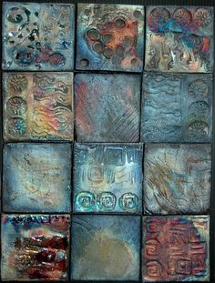 several square tiles with different designs on them