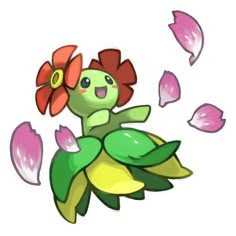 a cartoon character sitting on top of a flower with petals flying around her and looking at the camera