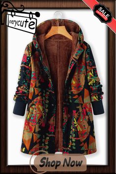 Vintage Print Button Plush Hooded Coat Multicolor Winter Outerwear With Button Closure, Winter Multicolor Outerwear With Buttons, Multicolor Hooded Jacket For Fall Outdoor, Multicolor Hooded Jacket For Fall Outdoor Activities, Multicolor Hooded Jacket For Cold Winter Weather, Multicolor Winter Outerwear With Fleece Lining, Multicolor Hooded Jacket With Pockets For Fall, Button Closure Hoodie For Fall, Multicolor Hooded Outerwear With Fleece Lining