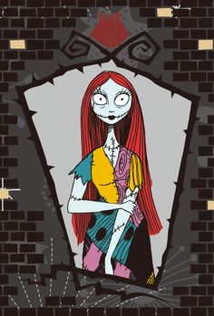 a drawing of a girl with long red hair and an orange shirt is standing in front of a brick wall