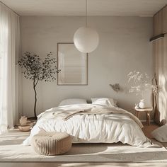 a bedroom with white linens and neutral colors