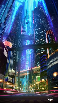 a futuristic city with skyscrapers and neon lights