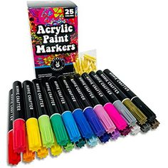 12 assorted acrylic paint markers in a box with each one different color