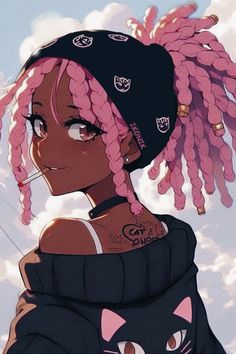 a girl with pink dreadlocks and a black cat on her shoulder looking at the sky