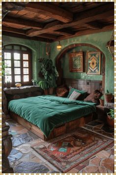 a bed room with a neatly made bed next to a window and rugs on the floor