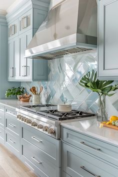 a kitchen with blue cabinets and white counter tops is pictured in this image, there are plants on the stove