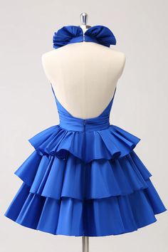 Royal Blue A-Line Halter Tiered Short Homecoming Dress with Ruffles Royal Blue Homecoming Dress, Backless Homecoming Dresses, Lovely Partner, Cute Homecoming Dresses, Blue Homecoming Dresses, Dresses Quinceanera, Short Party Dress, Satin Short, Dress Occasion