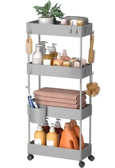 three tiered shelf with soaps, lotions and other items