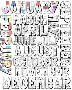 the word january is written in many different font styles and colors, as well as numbers