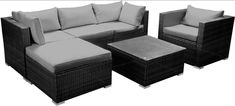 an outdoor furniture set is shown in black and grey colors, with white pillows on it