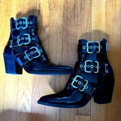 Hard To Find Caceres Boot! Pre-Owned But In Good Condition. Buckles Work And Zippers Are Smooth. Please See Photos For Scuffs And Imperfections Jeffrey Campbell Shoes, Buckle Boots, Jeffrey Campbell, Black Silver, Bootie Boots, Ankle Boots, Buckle, Zipper, Im Not Perfect