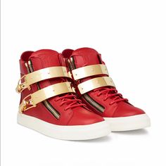 Brand New In Box. Giuseppe Zanotti High Top Women’s Sneakers. Red And Gold Detailing. Comes With Original Box And Dust Bag. Size 6. Luxury Red High-top Custom Sneakers, Luxury Red High-top Sneakers, Designer Red Lace-up High-top Sneakers, Designer Red High-top Sneakers With Round Toe, Designer Red High-top Sneakers With Red Sole, Luxury Red Sneakers With Round Toe, Luxury Custom Sneakers With Red Sole, Luxury Red Lace-up Custom Sneakers, Luxury High-top Sneakers With Red Sole