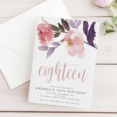 an elegant floral birthday card with the word eighteen printed on it in pink and purple