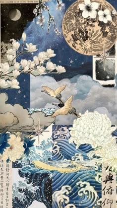 an artistic collage with flowers and birds in the sky