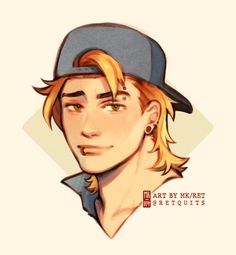 a drawing of a man with blonde hair wearing a baseball cap and earrings