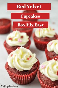 red velvet cupcakes with white frosting and sprinkles on top