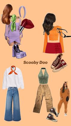 some clothes and shoes are arranged in the shape of a collage with words scooby doo