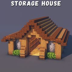 a small house made out of wood with the words storage house on it's side