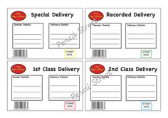 four labels with the words, 1st class delivery and second class delivery