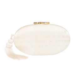 Ellipse clutch in off white buntal, taupe agate stone closure, tonal tassel and drop in gold chain. Elegant White Bags With Tassels, Elegant Wedding Evening Bag With Tassels, Luxury Formal Clutch With Tassels, Elegant Wedding Bag With Tassels, Chic Clutch With Tassels, Elegant Evening Bag With Tassels, Elegant Clutch Bag With Tassels, Rectangular Tassel Evening Bag For Weddings, Rectangular Wedding Clutch With Tassels