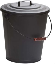 a black trash can with a brown handle