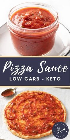 pizza sauce in a glass jar on top of a white plate