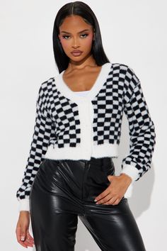 Available In Brown/combo And Black/White. Cardigan Sweater Checkered Long Sleeve Balloon Sleeve V Neck Button Down Fuzzy Knit Cropped Ribbed Hem 100% Nylon Imported | Nonsense Checkered Cropped Cardigan in Black/White size Medium by Fashion Nova Black White Cardigan, Glam Closet, White Cardigan Sweater, Cropped Cardigan Sweater, Cardigan Sweater Coat, Fashion Nova Models, White Cardigan, Women Hoodies Sweatshirts, Knit Crop